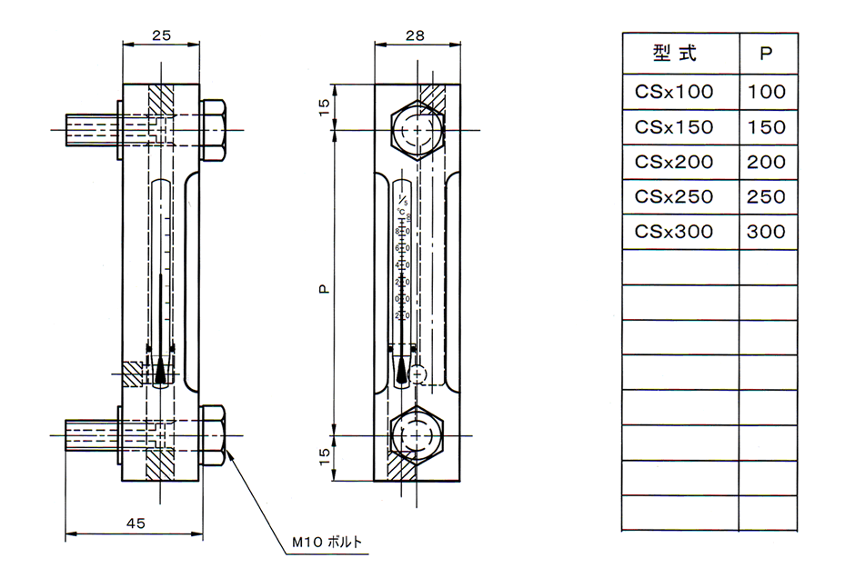 油面計 CS型 温度計(棒状)付 アクリル製油面計　標準寸法表