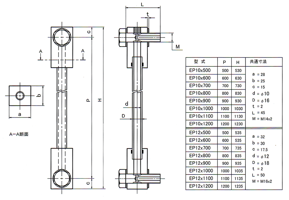 油面計 EP型 パイプ型アクリル製油面計　標準寸法表